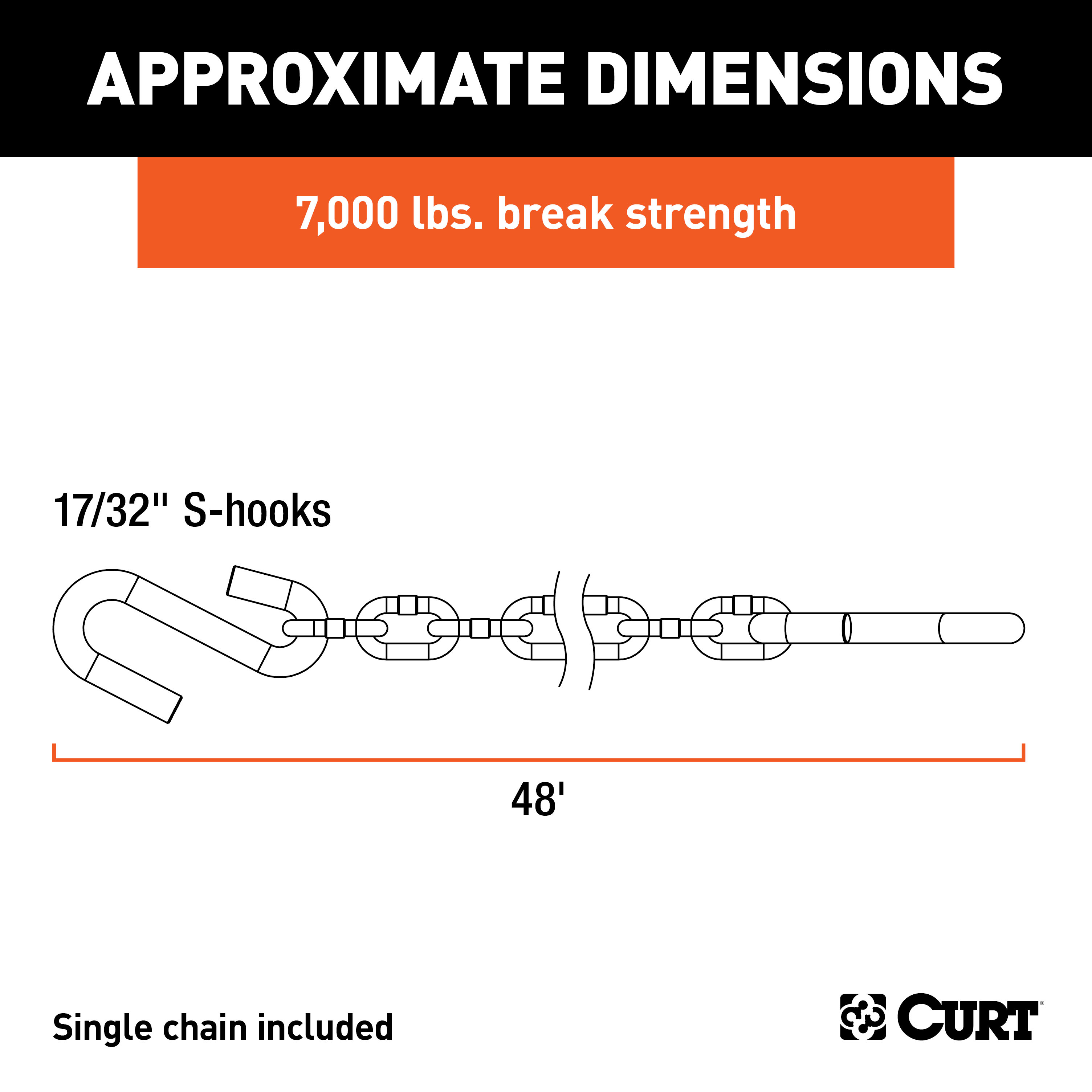 CURT 80301 48 Safety Chain with 2 S-Hooks (7,000 lbs, Clear Zinc)