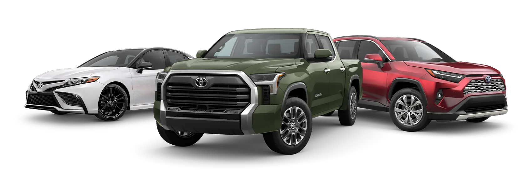 2022 White Camry, 2022 Green Tundra, 2022 Red Rav4