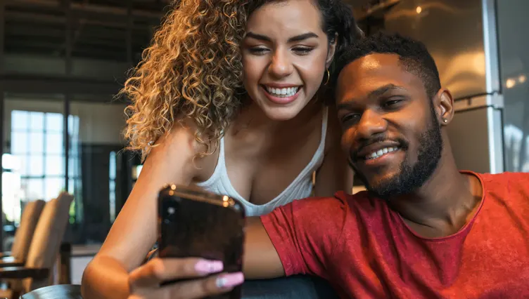 Jaffarian Diret Young happy couple looking at cell phone
