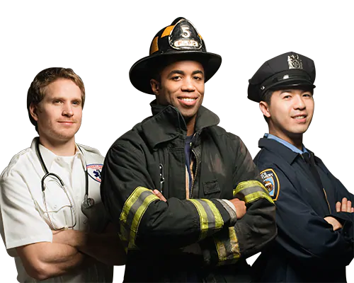 First Responders medical professional, firefighter, police officer standing side by side
