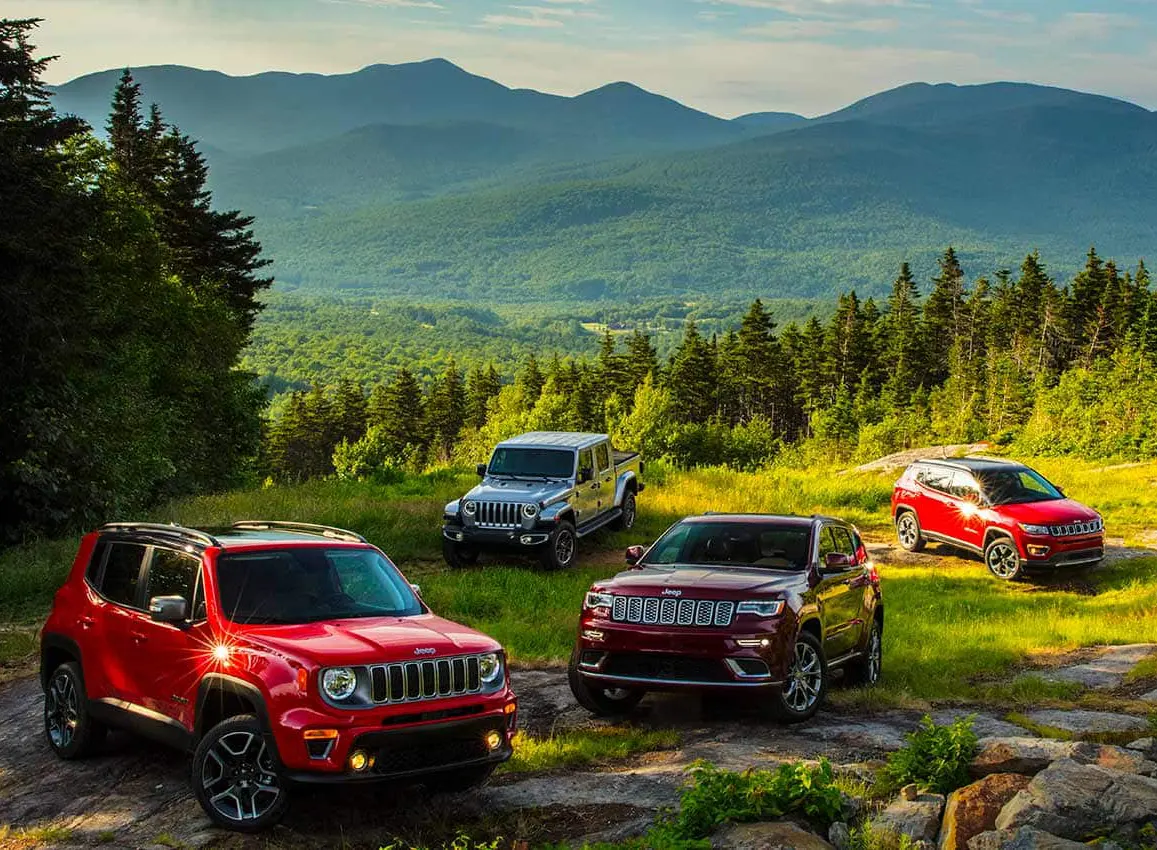 Lineup of Jeep cars in the grass with the mountains in the distance