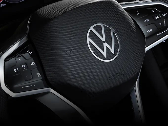 Closeup of Volkswagen steering wheel