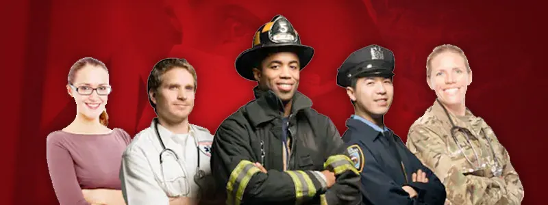 Toyota First Responder & Healthcare Workers Discount First Responders and Healthcare Workers posing in front of a red background