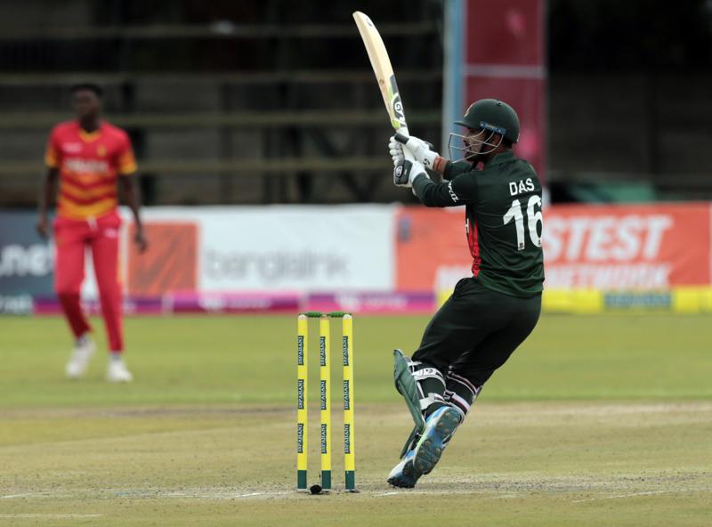 Bangladesh batsman Liton Kumar Das plays a shot during the One Day series cricket match between Zimbabwe and Bangladesh at Harare Sports Club in Harare, Friday, July 16, 2021. (AP Photo/Tsvangirayi Mukwazhi)