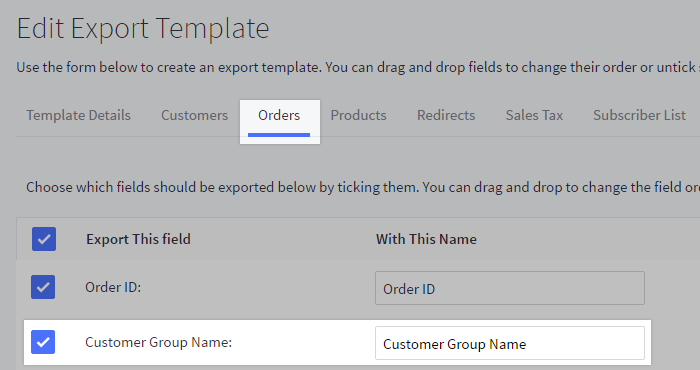 Customer Group Name field enabled in a custom export template