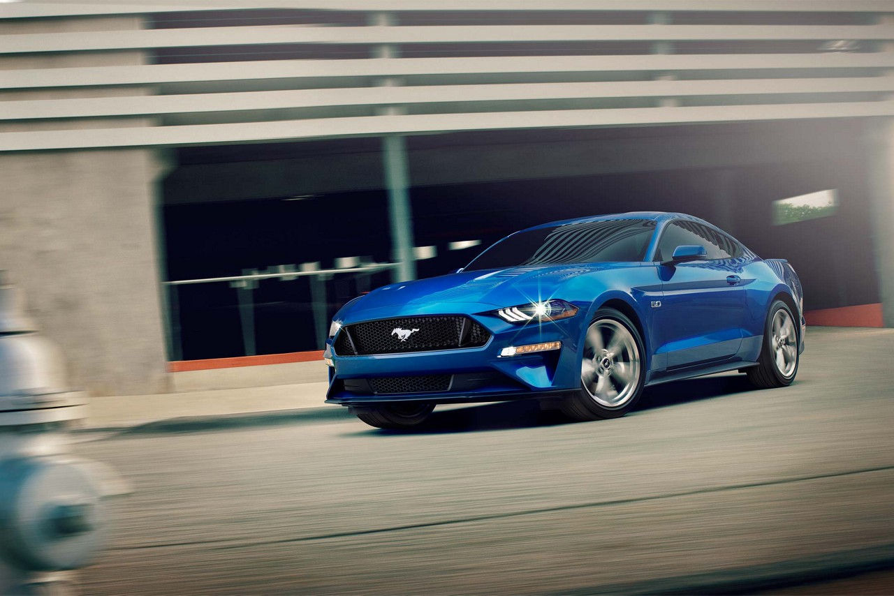 2018 Ford Mustang Blue on city street