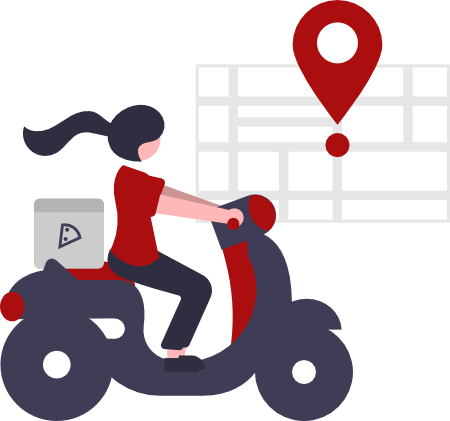 Female character delivering pizza on moped while following directions on a map.
