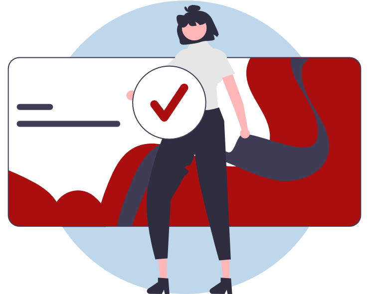 Female character holding a checkmark infront of a user interface panel.