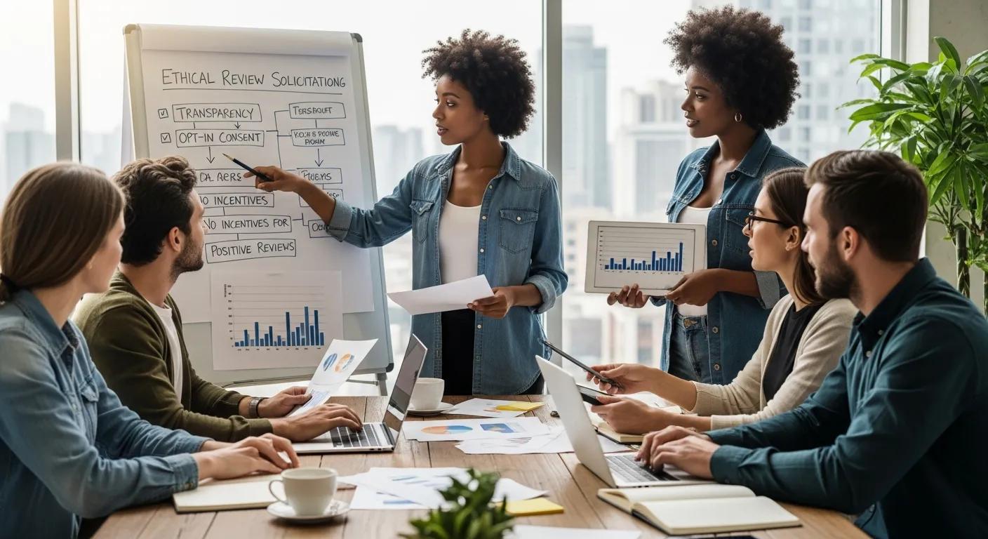 A small business team collaborating on ethical strategies to encourage authentic customer reviews and build trust online.