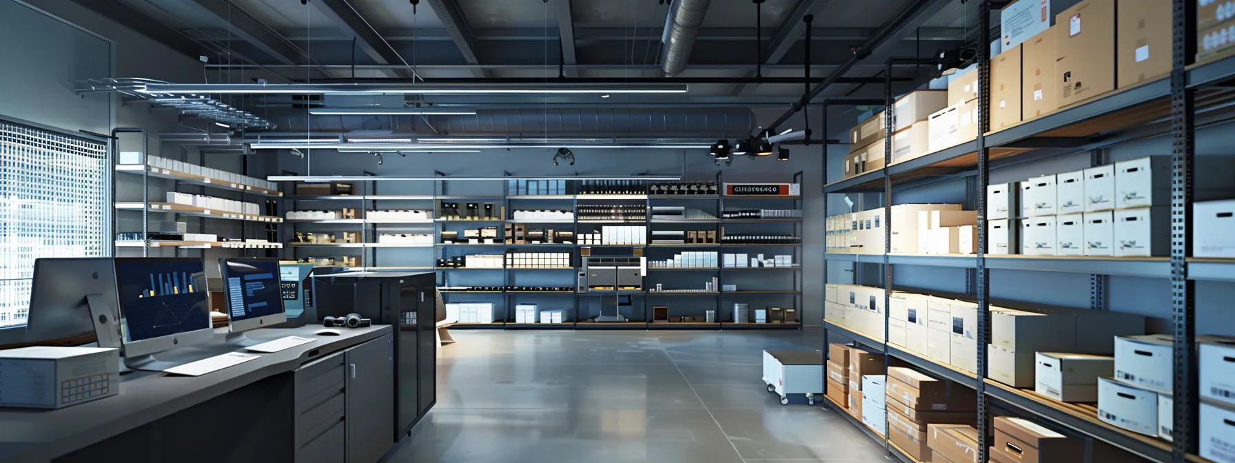 a sleek, modern office setting showcases a high-tech inventory management dashboard displaying real-time data on spare parts and warehouse stock levels, illuminated by dynamic led screens and surrounded by organized shelves of neatly labeled components. a sleek, modern office setting showcases a high-tech inventory management dashboard displaying real-time data on spare parts and warehouse stock levels, illuminated by dynamic led screens and surrounded by organized shelves of neatly labeled components.