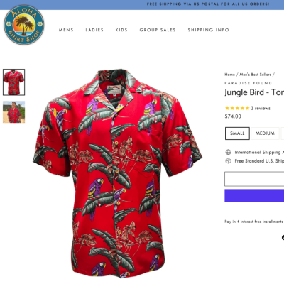 Aloha Shirt Shop website screenshot