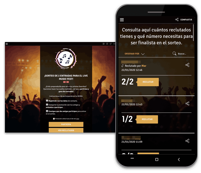 Sorteo de entradas de un festival de música con opción reclutadores