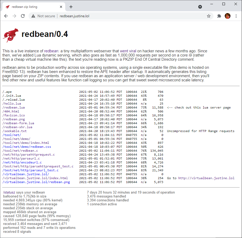 [Screenshot of redbean-demo.com listing page in chrome]