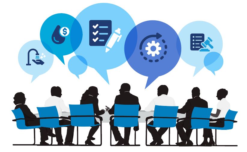 illustration of a board meeting with ideas and thoughts