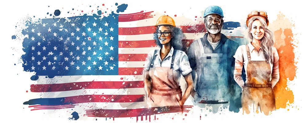 Illustration of Public Workers with a U.S. flag in the background