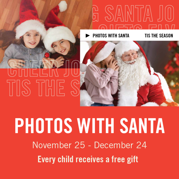 A red Christmas card with kids and Santa and
