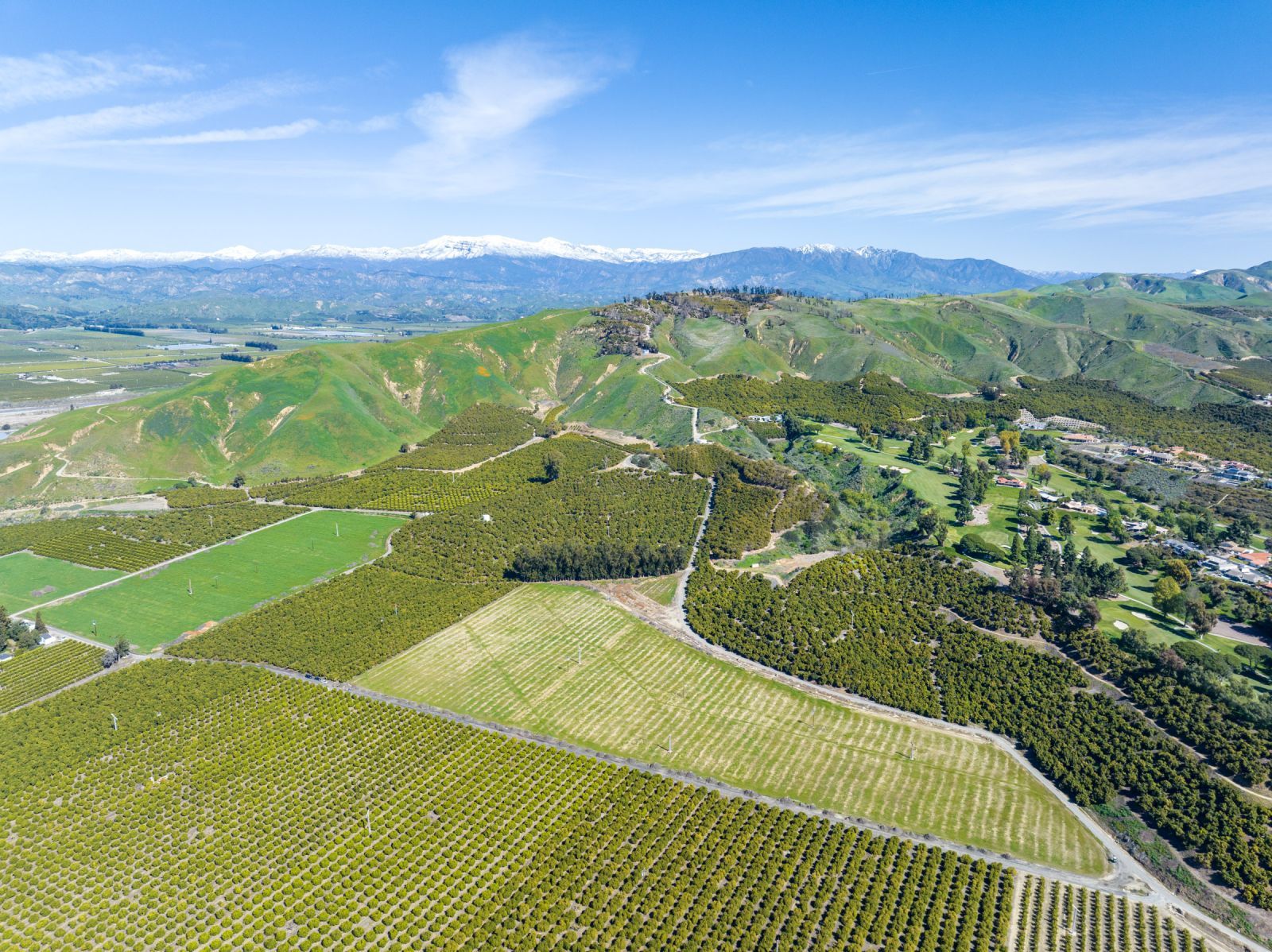 A birds eye view of green agricultural fields, with mountains on the horizon, including a few snowcapped