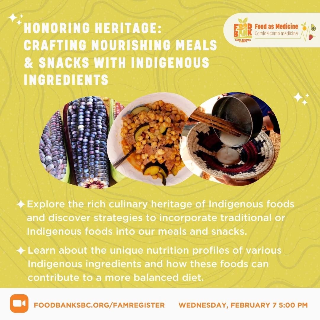 A gold-colored flyer from the Foodbank Santa Barbara County about honoring heritage through food with verbiage and pictures of food.
