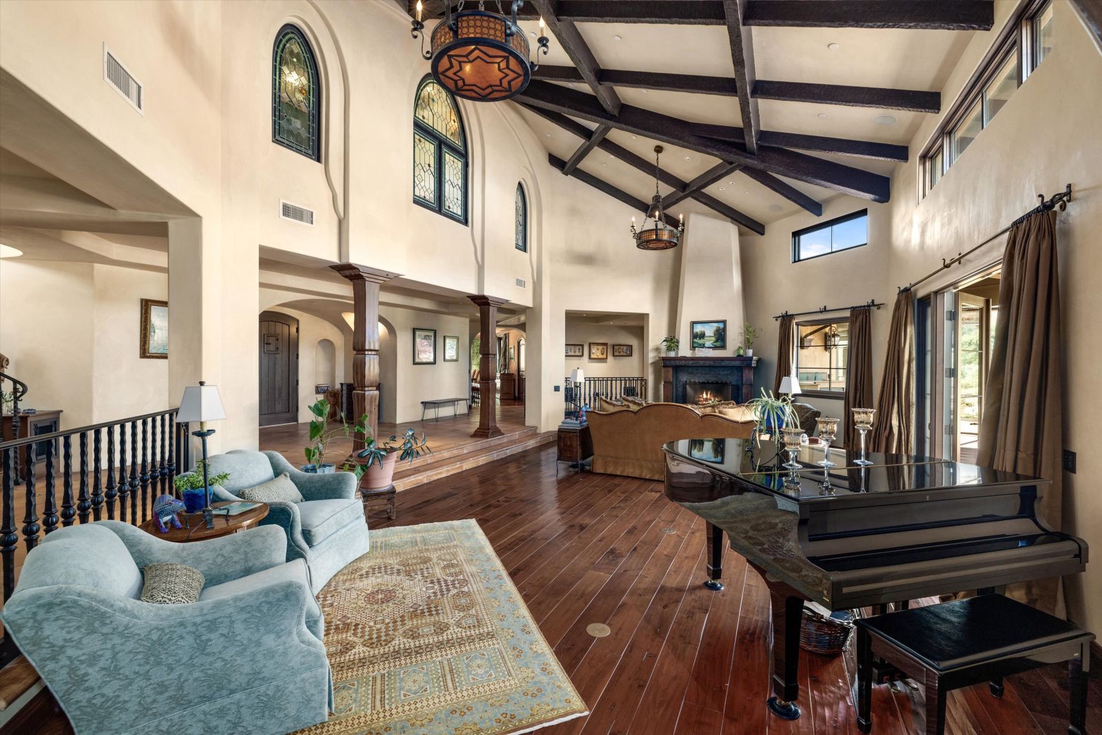 The living room of a luxury Ojai home with cathedral ceiling