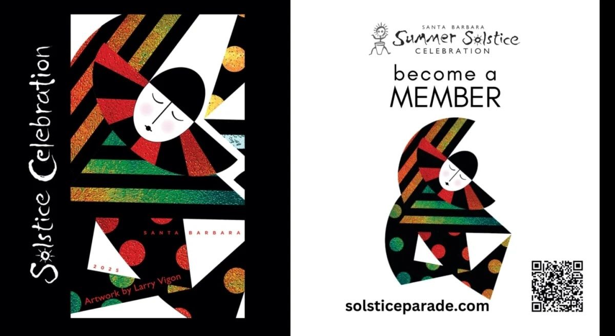 A stylized graphic of the Summer Solstice Parade poster with wording on the side soliciting memberships.