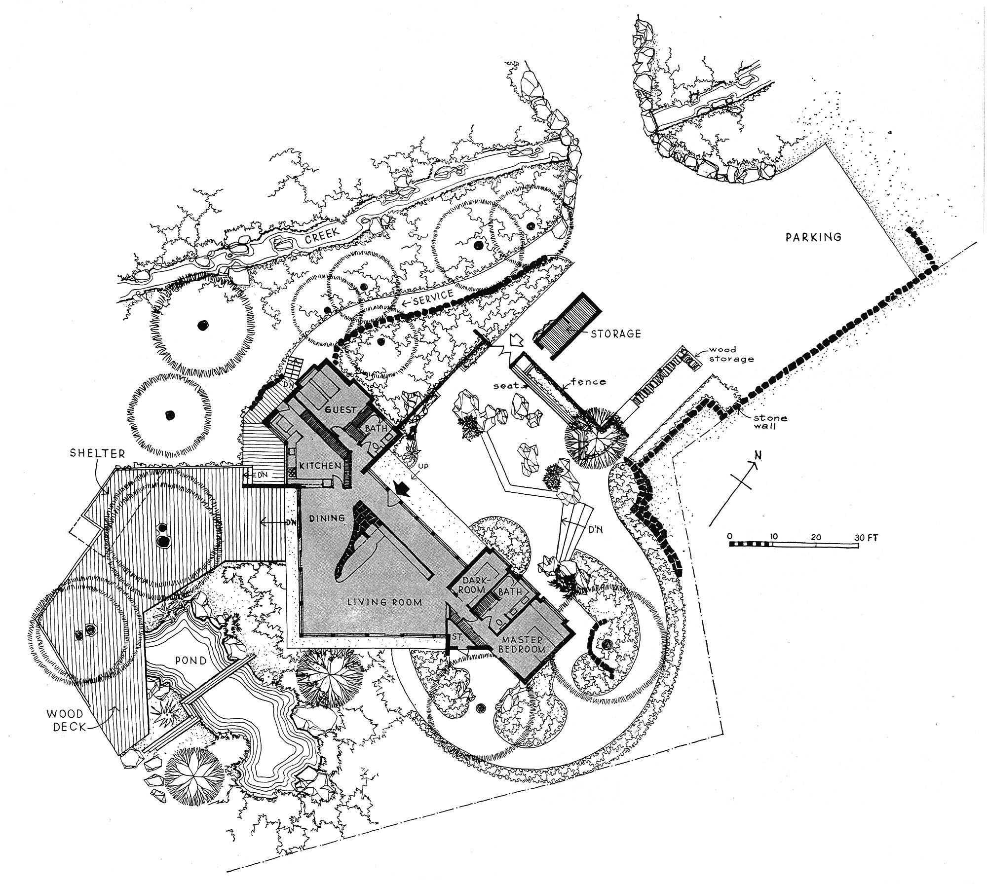 Architectural site plan for a grand estate from a birds eye view in black and white