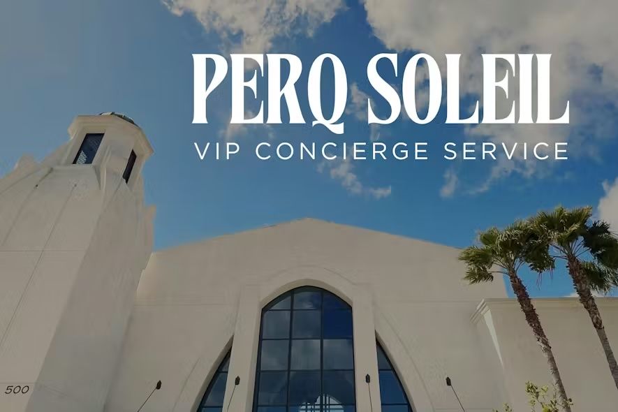The words Pero Soleil VIP Concierge Service on top of an image of the Santa Barbara airport looking up into the blue Santa Barbara sky with palm trees.