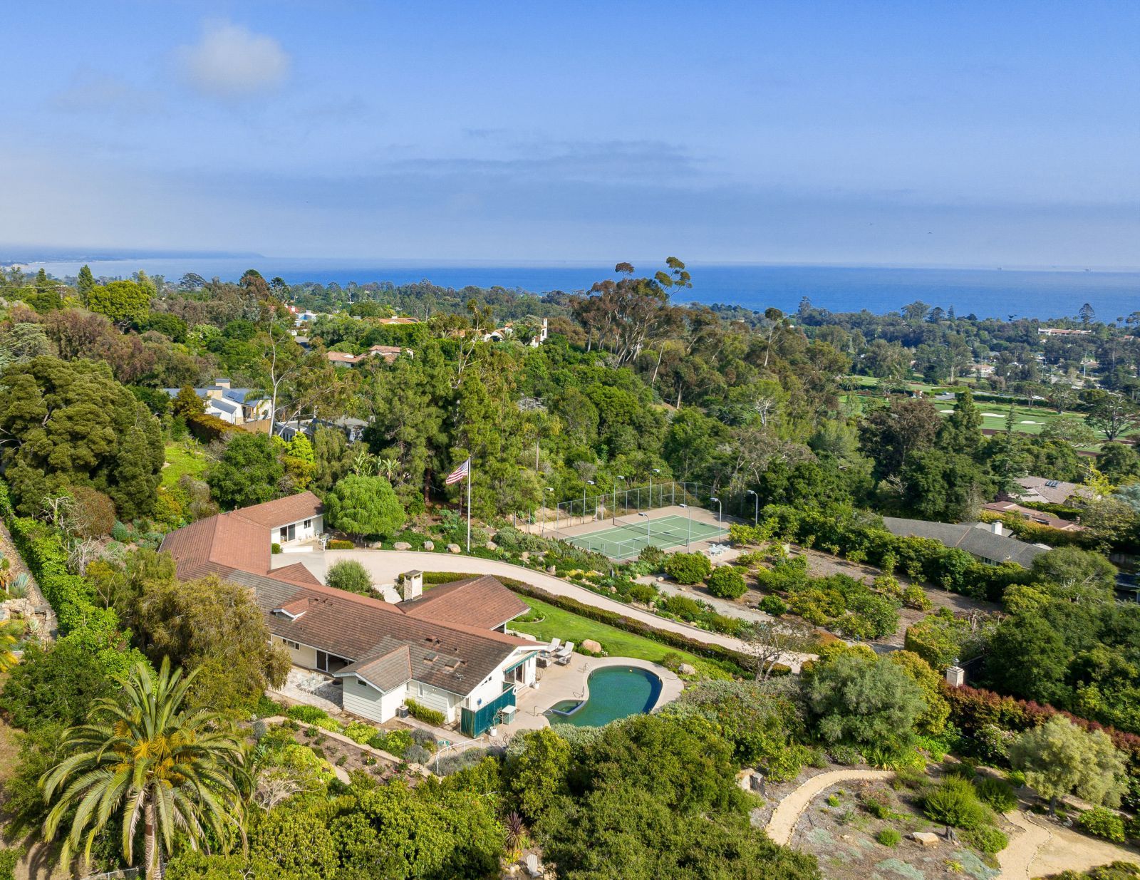 Birds eye view of a magnificent ocean view Montecito home on two parcels.