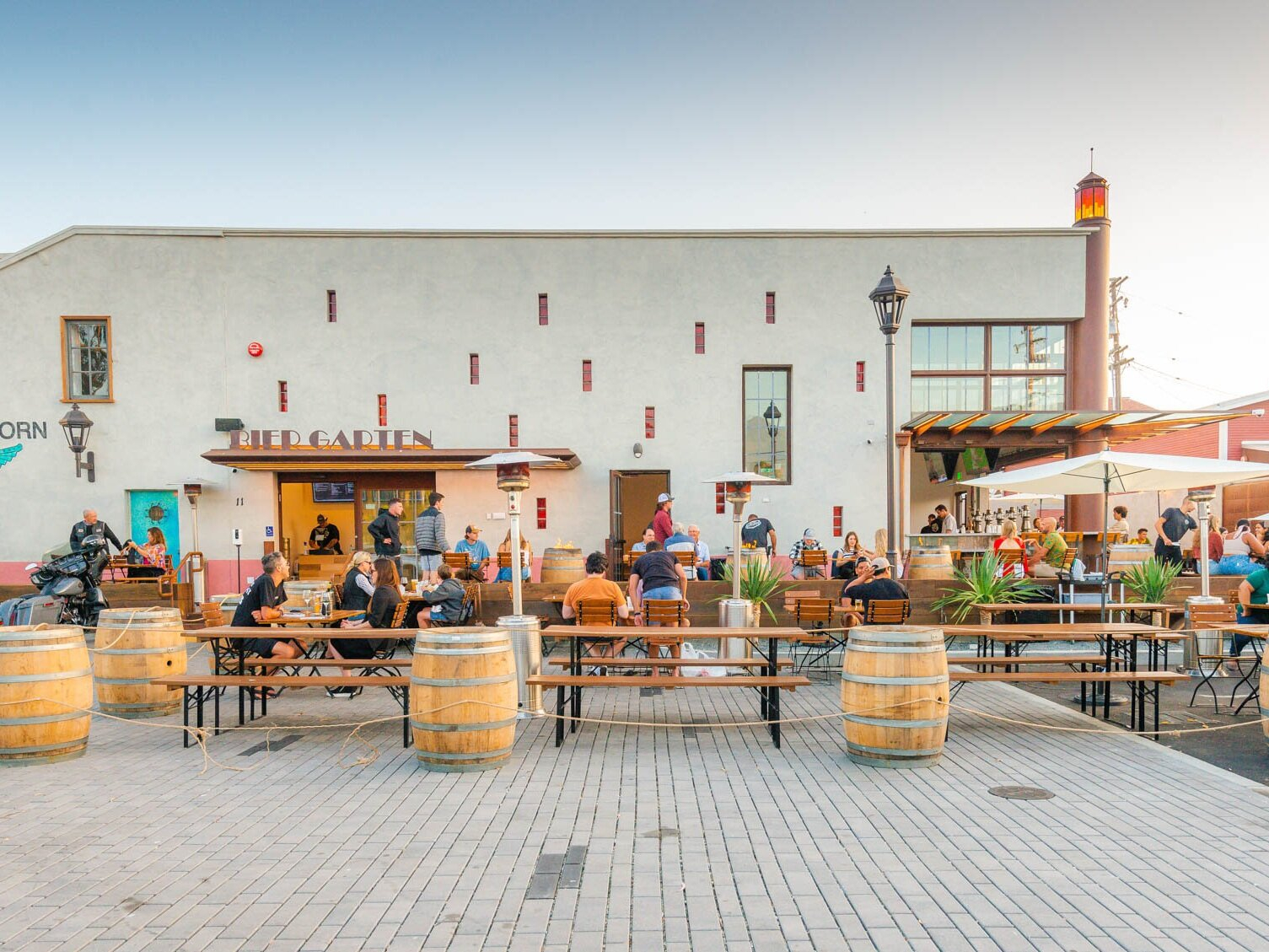 People milling about at an outside restaurant in Santa Barbara's Funk Zone.