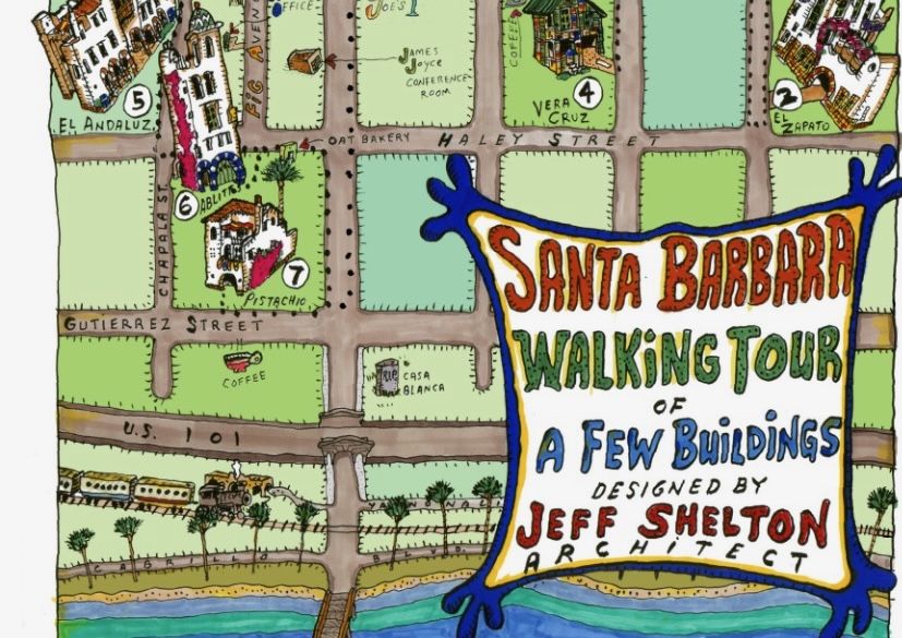 A whimsical, cartoon-style map drawn by architect Jeff Shelton depicting the Santa Barbara walking tour of Shelton's buildings.