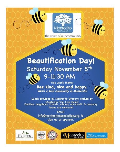 Poster for Montecito Beautification Day, 2022, with yellow honeycomb background stylized bees, and a blue panel with information