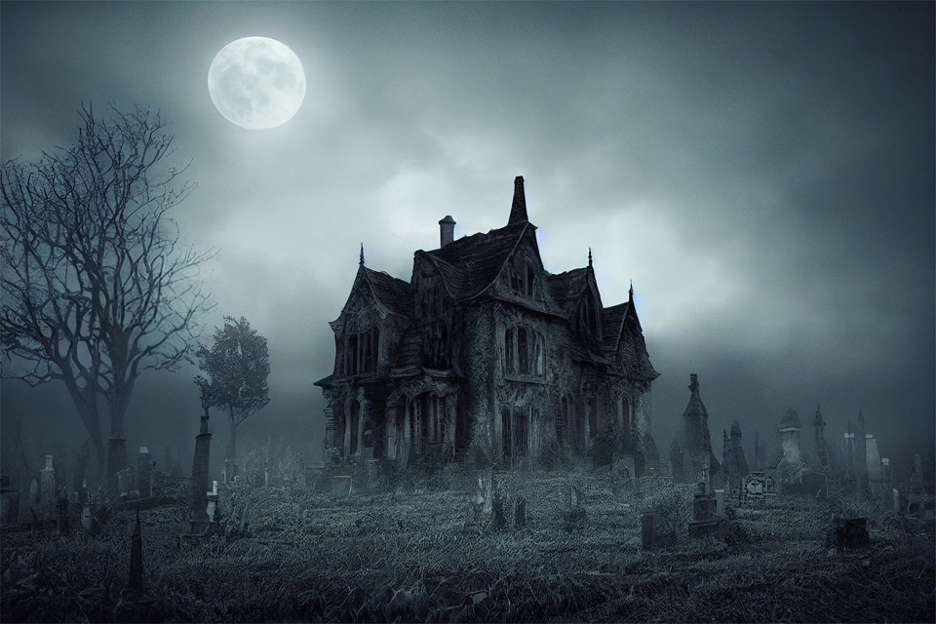 A spooky black and white photo rendering of a haunted house with a grey sky and a full moon