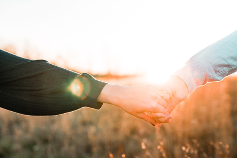 Two hands holding in front of a field of flowers with the sun shining over the horizon