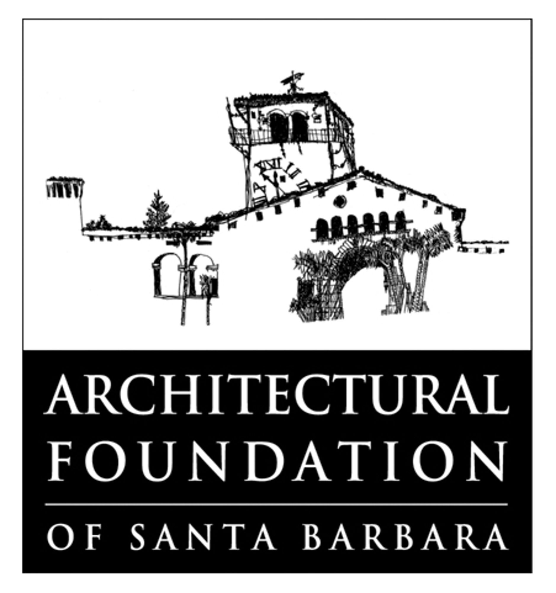 The logo of Architectural Foundation of Santa Barbara in black and white, featuring a line drawing of the Santa Barbara Courthouse.