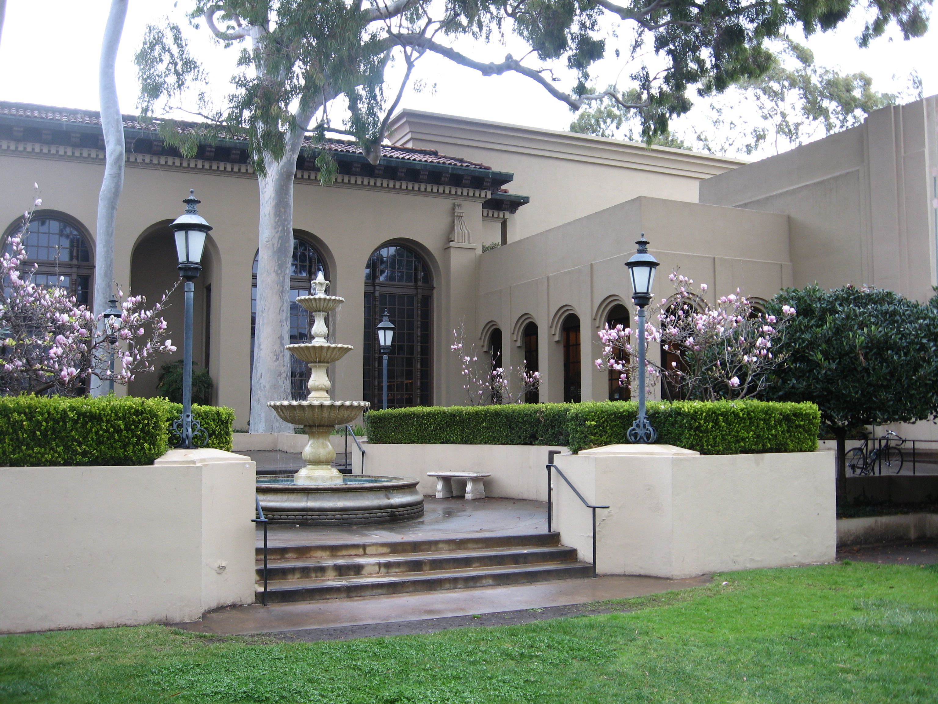 The Santa Barbara Library with a fountain in the front and cherry blossoms in bloom