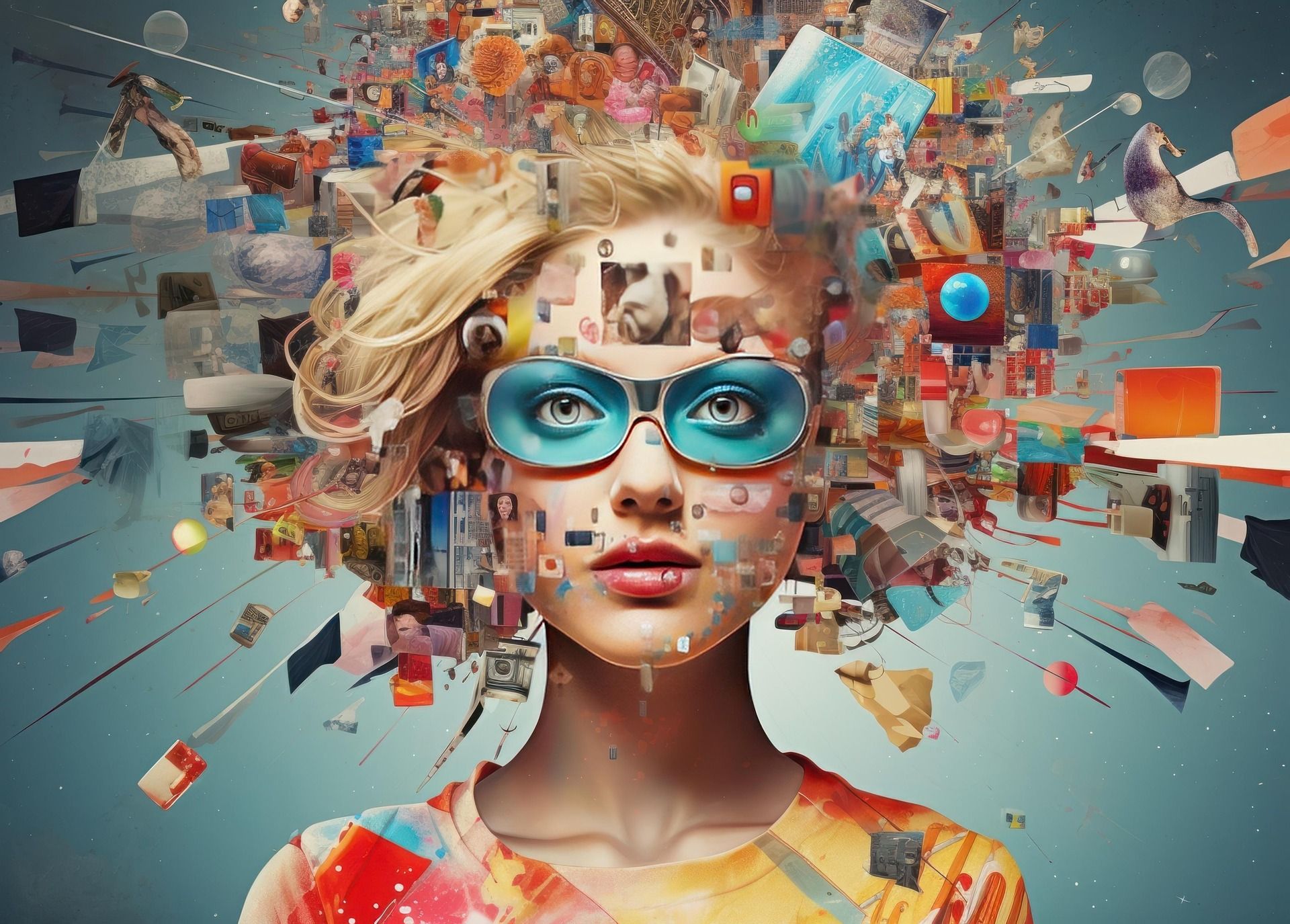An AI-generated image of a woman's face and shoulders wearing blue glasses, surrounded by a collage of floating digital visuals.