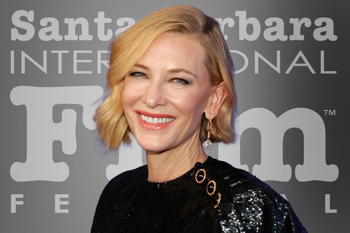 Headshot of actress Cate Blanchett with background reading