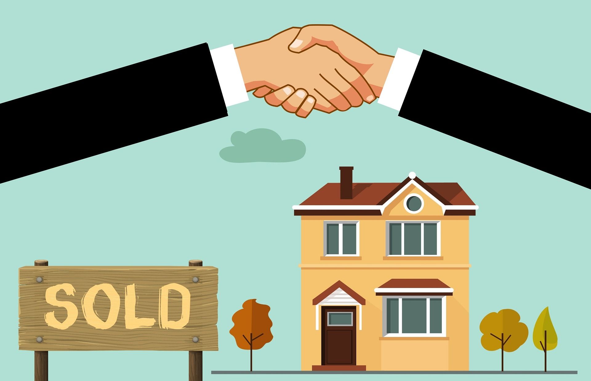 A graphic representation of hands shaking above a two-story house with a Sold sign.