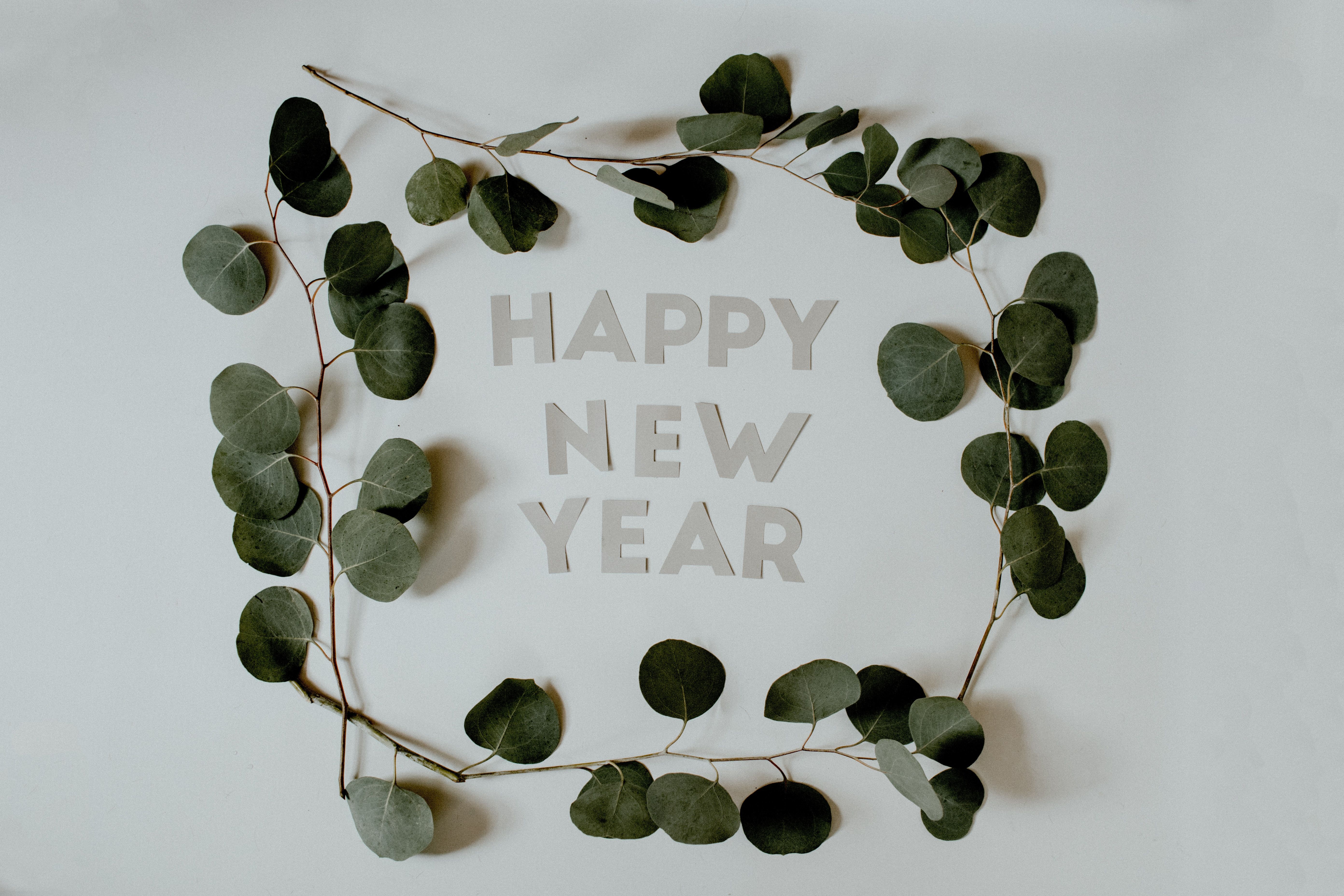 The words Happy New Year surrounded by festive foliage on a grey background