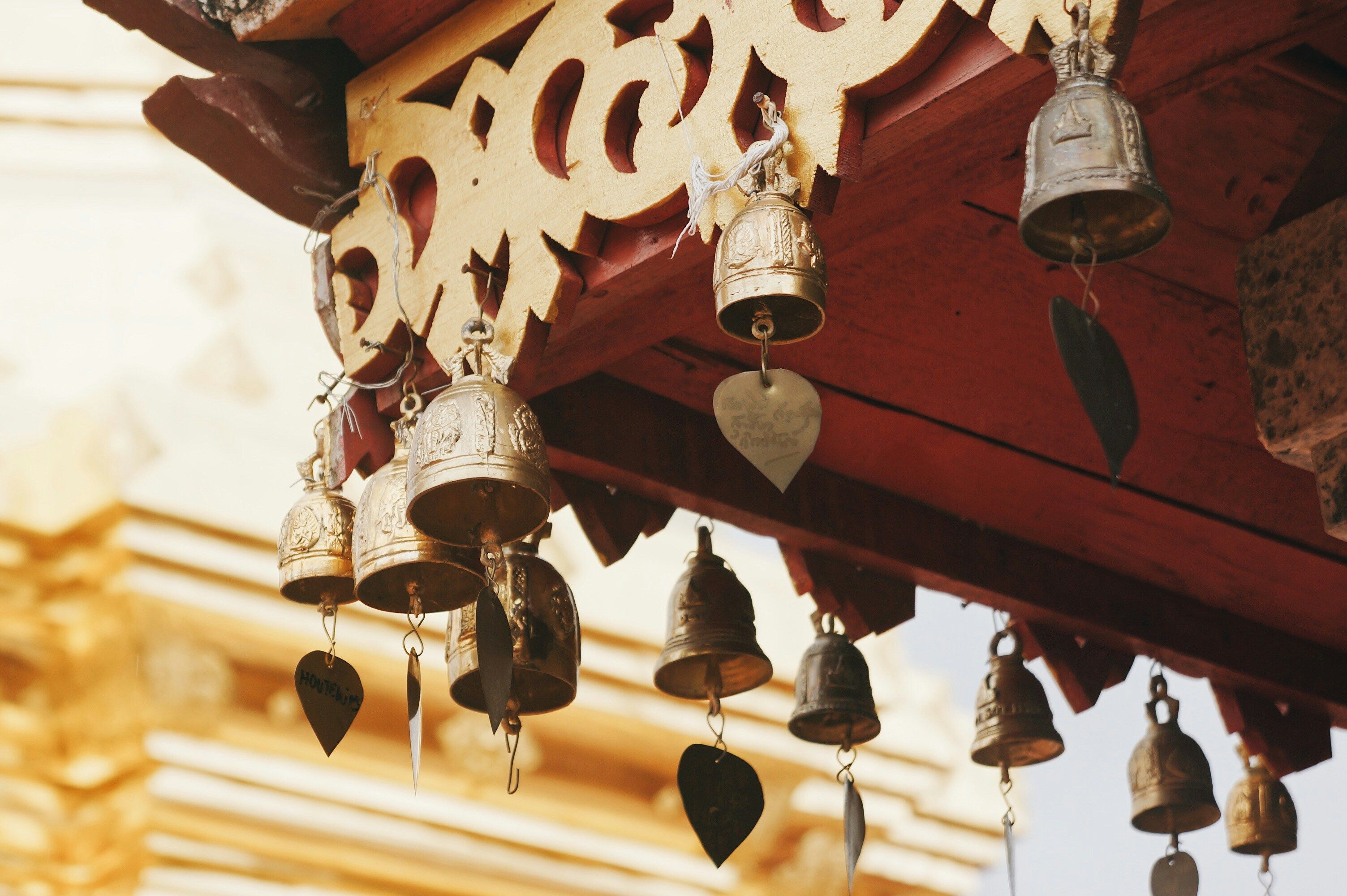 Bells hanging from the eaves of a temple or pagoda.