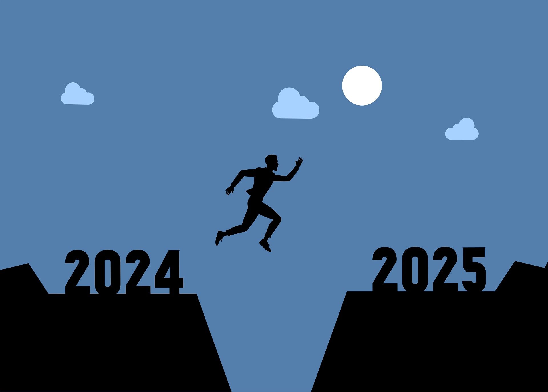 A graphic representatkon of a blue sky with a man jumping from the roof of a home with 2024 on top to another home labeled 2025;
