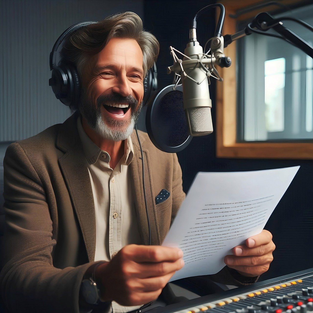A happy looking man with a trimmed beard doing a podcast in front of a microphone with written notes in his hands.