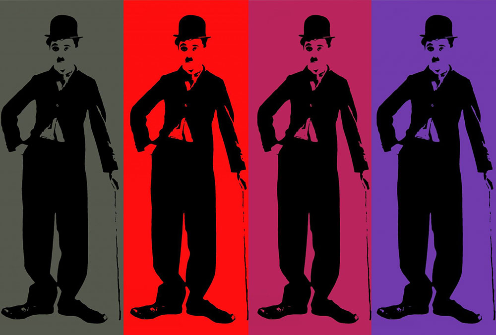 Portrait of Charlie Chaplain Andy Warhol style with 4 images side by side in different colors