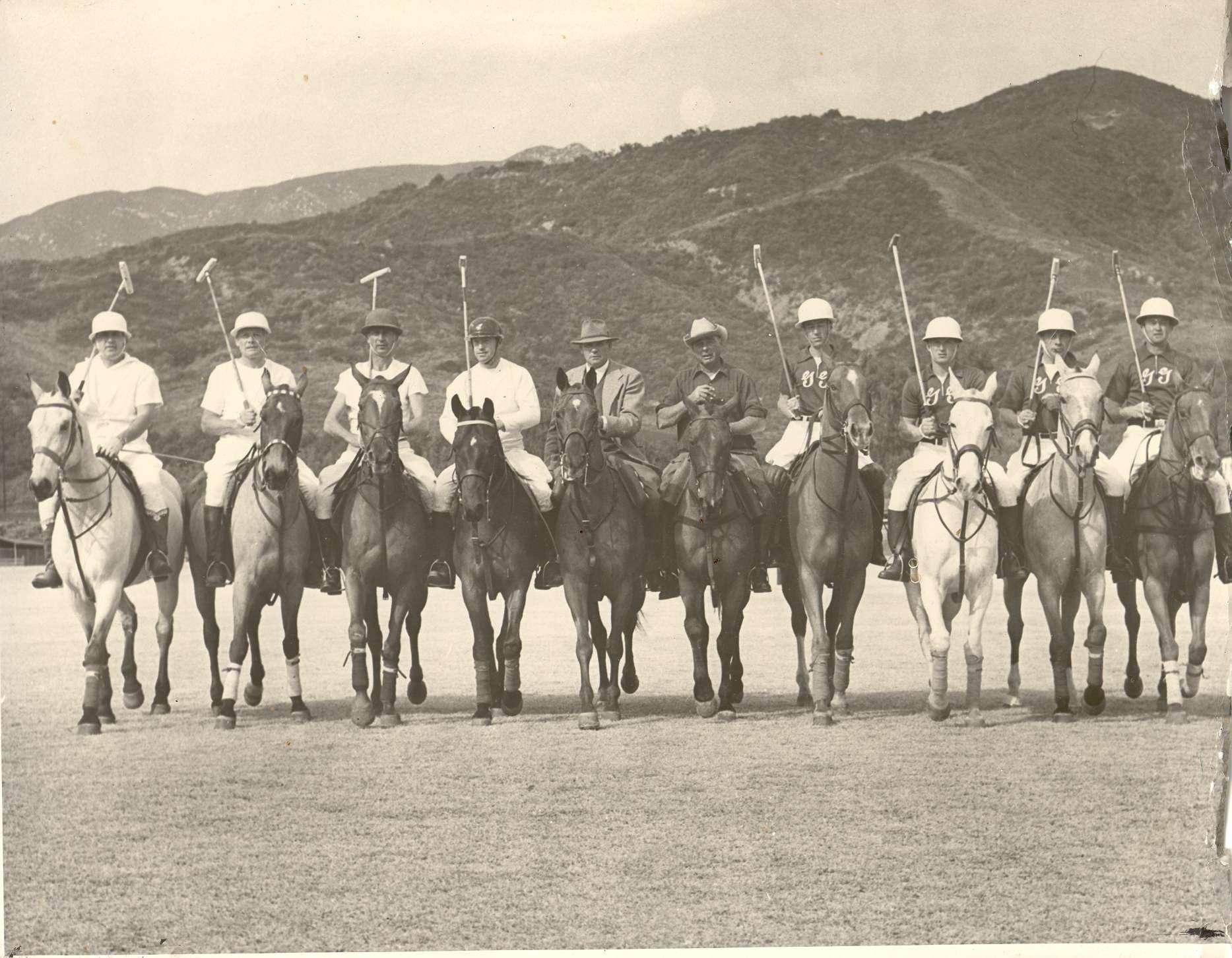 A vintage black and white photo of 10 men on horseback at the Santa Barbara Polo Field.