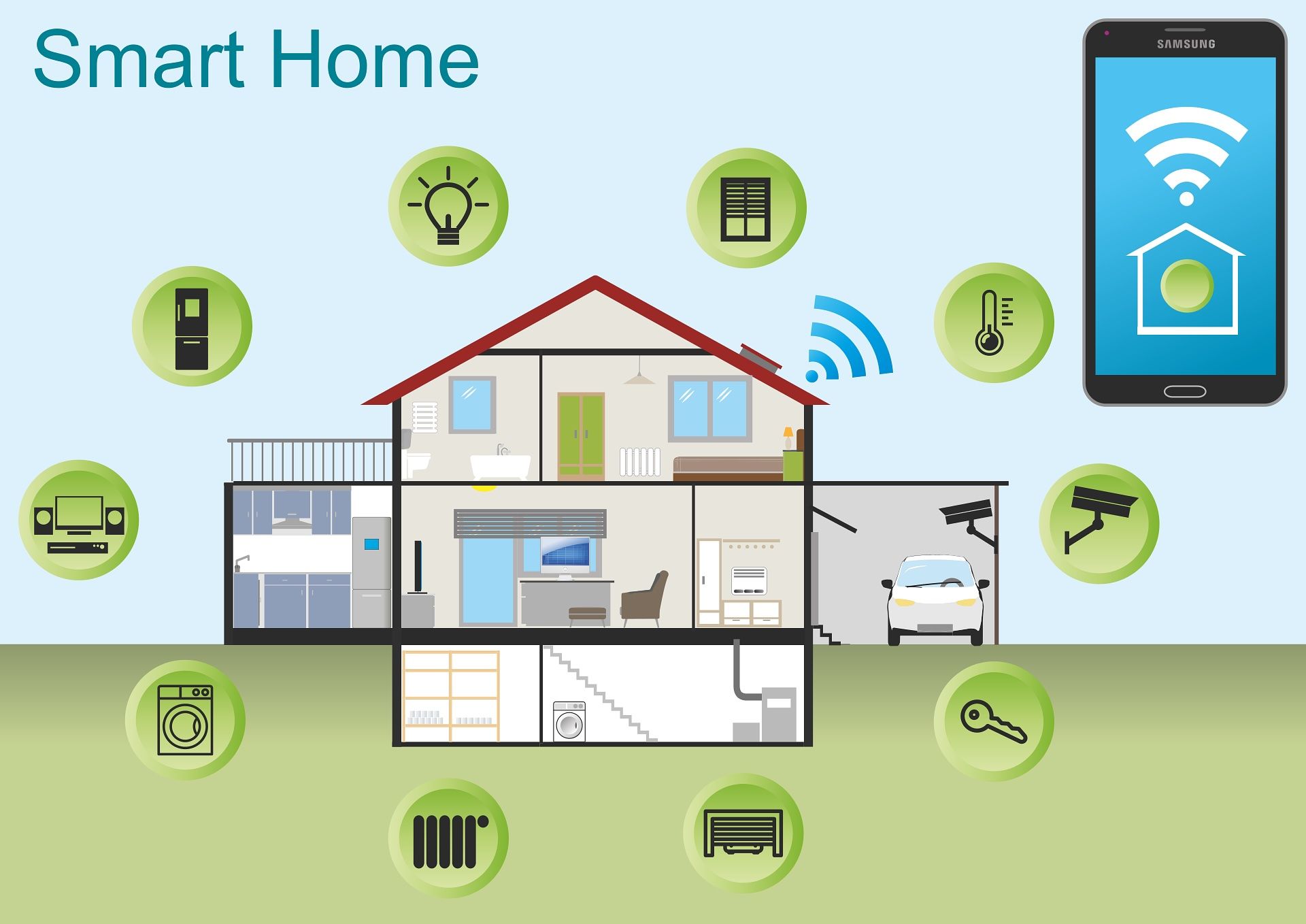 Smart home illustration with circles surrounding the home with high tech images inside.