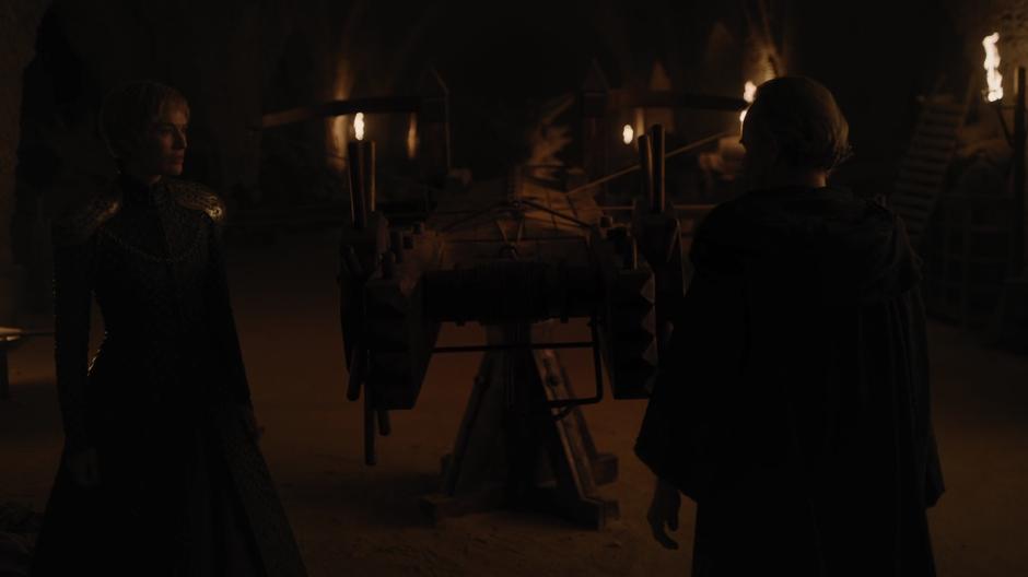 Qyburn shows Cersei the special anti-dragon ballista he had constructed.