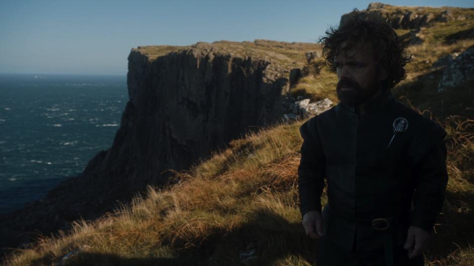 Tyrion walks along the cliff looking for somewhere to brood.