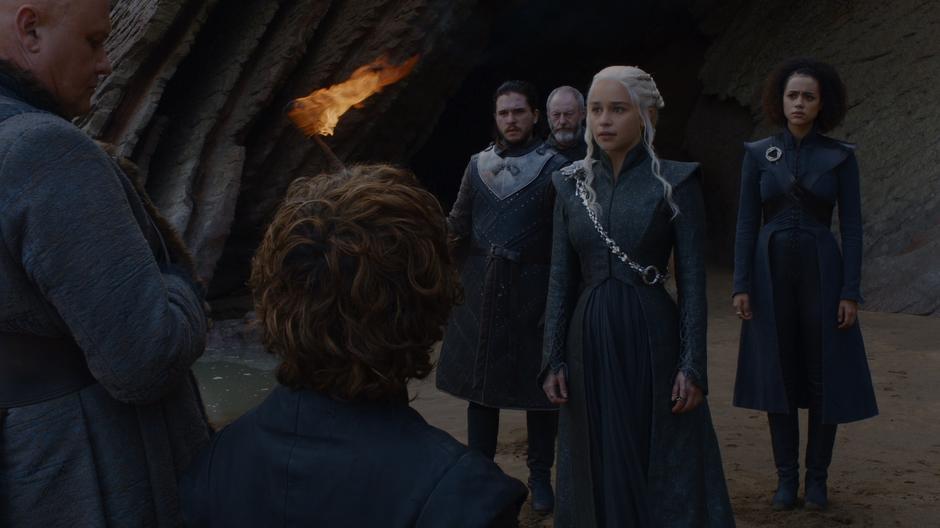 Dany and the others exit the cave to find Varys and Tyrion waiting with bad news.