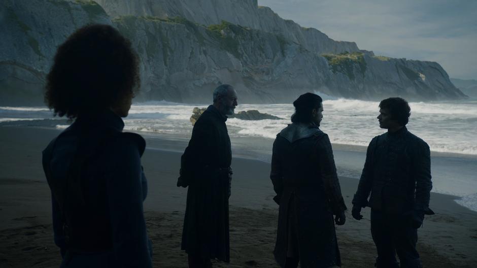 Theon tells Missandei, Davos, and Jon about his sister being captured.