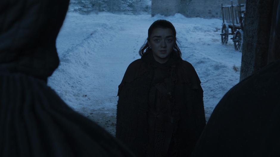 Arya tries to convince the two guards at the gate that she is who she says she is.