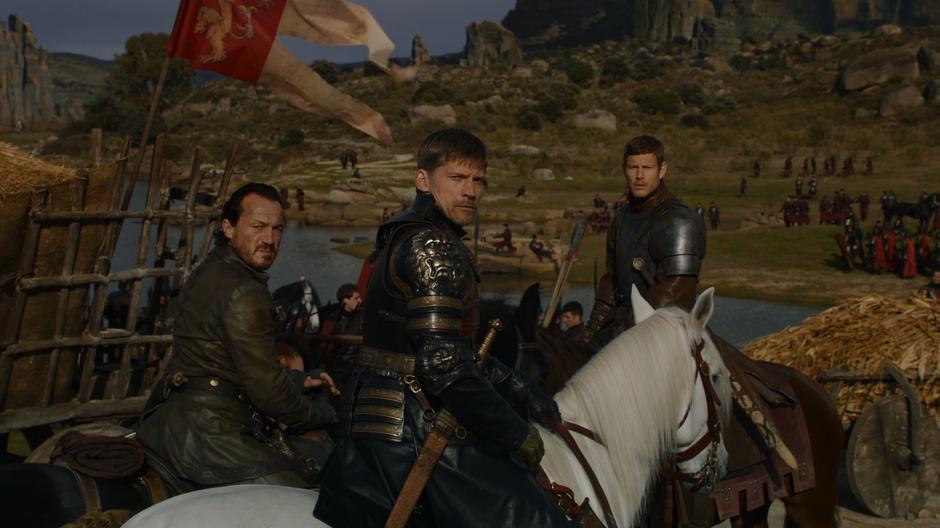 Bronn, Jaime, and Dickon look off to the hills where they hear the approaching Dothraki.